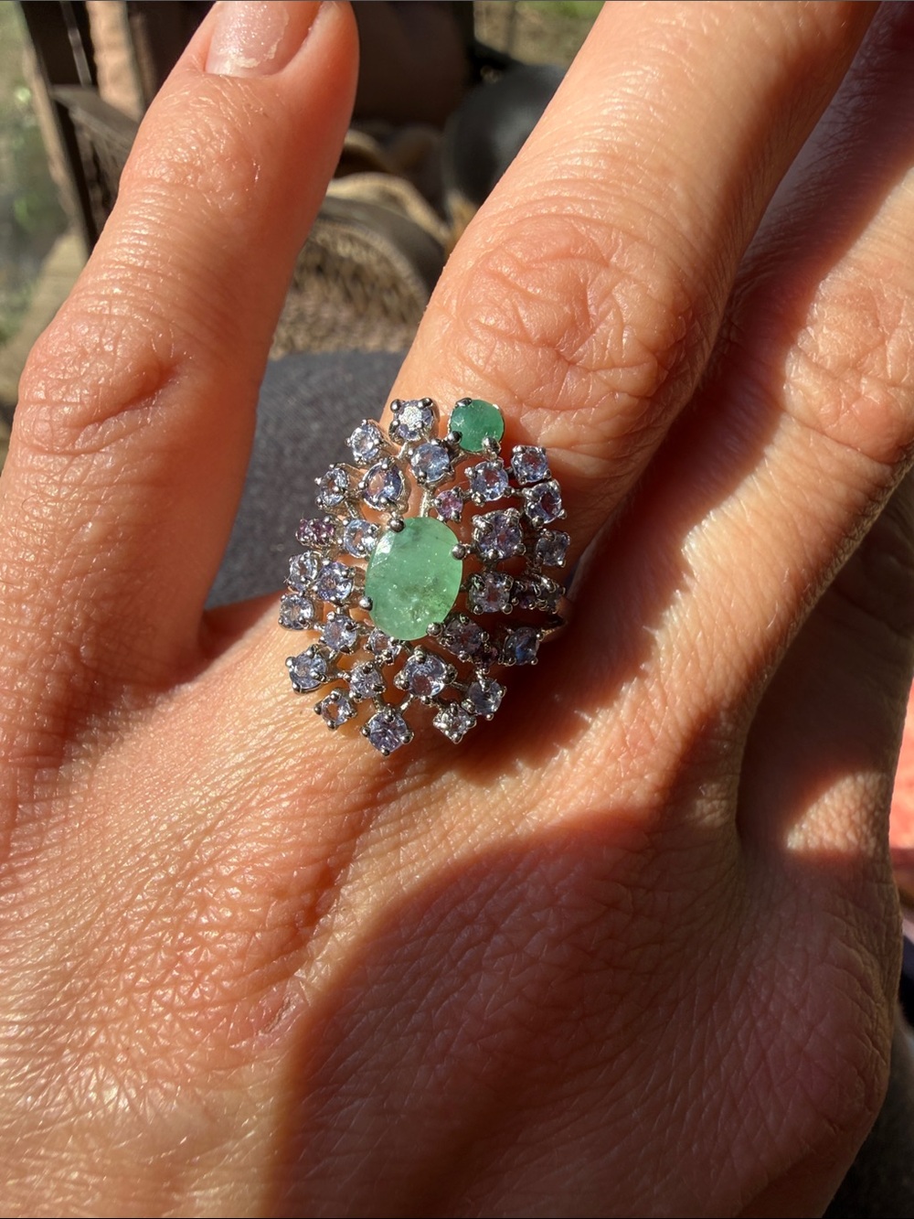 Natural Tanzanite & Emerald 925 with white gold Ring Sz 7 1/2